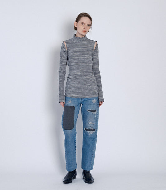 HIGH-NECK JERSEY TOP -  MARBLE GRAY