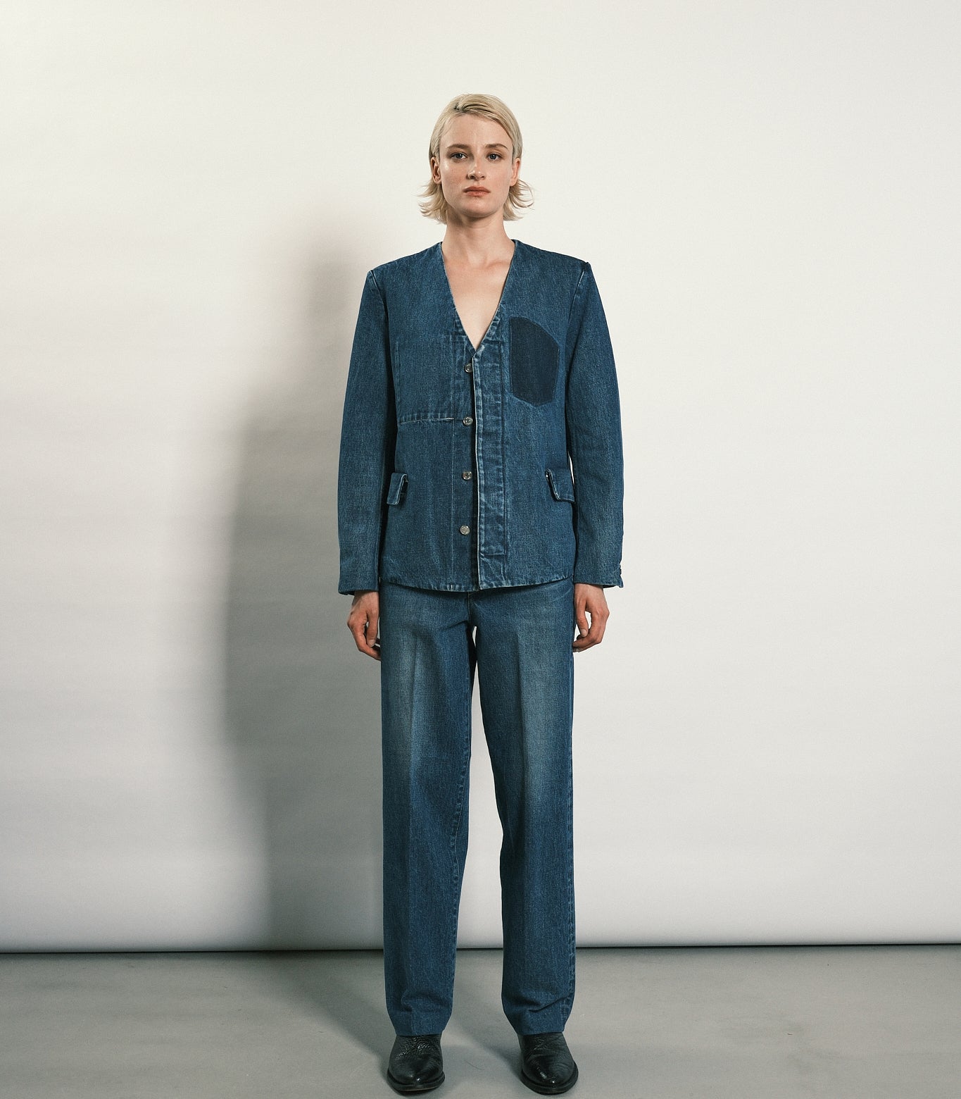 NO COLLAR JEAN JACKET - VINTAGE BLUE | TANAKA NY TYO