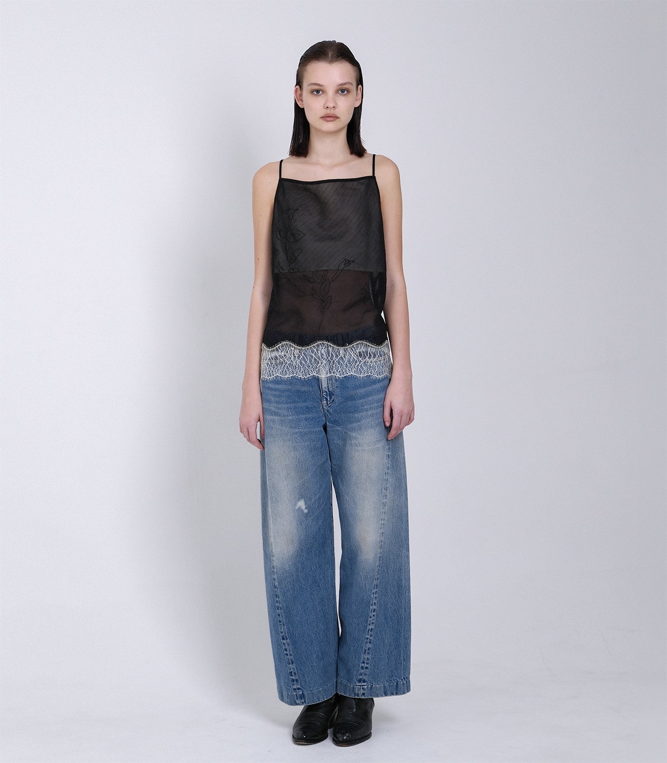COMBI-CAMI TOP - BLACK(EMBROIDERY) - TANAKA