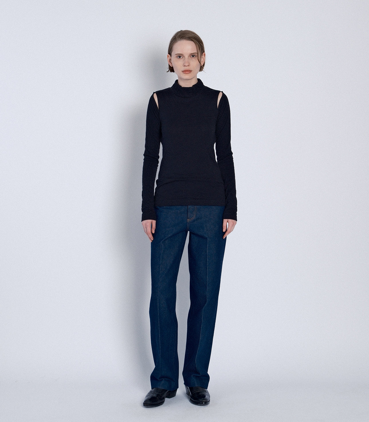 HIGH-NECK JERSEY TOP -  BLACK