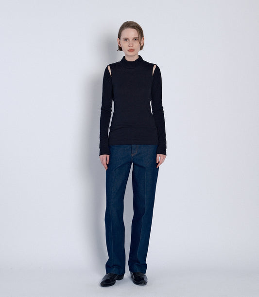 HIGH-NECK JERSEY TOP -  BLACK
