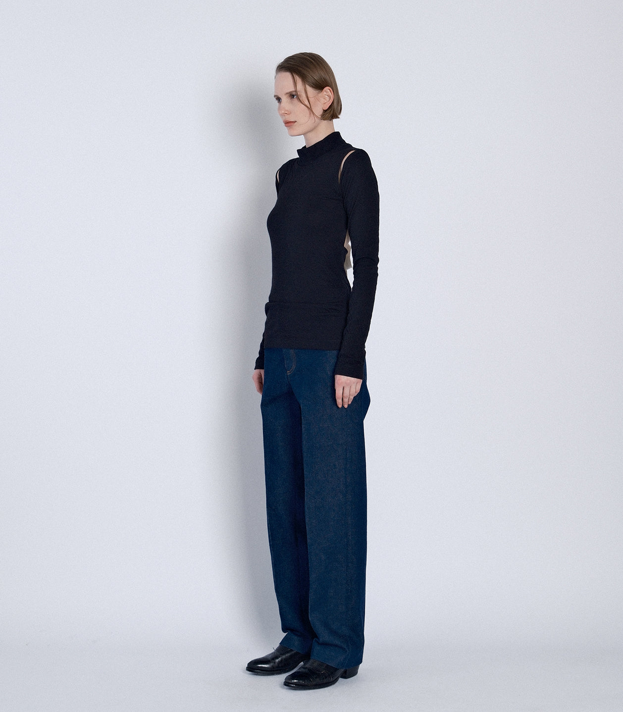 HIGH-NECK JERSEY TOP -  BLACK