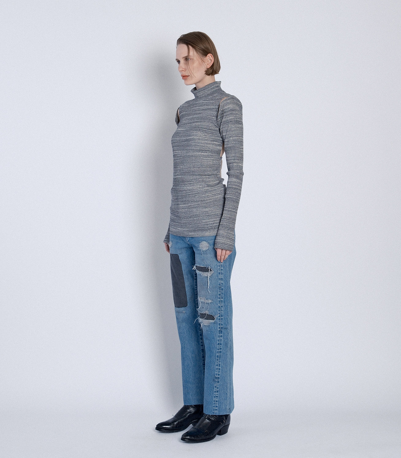 HIGH-NECK JERSEY TOP -  MARBLE GRAY