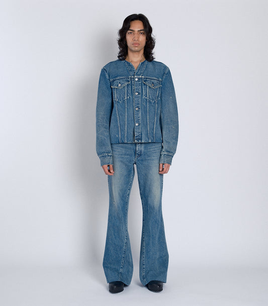 NO COLLAR TRUCKER JACKET - GREEN BLUE