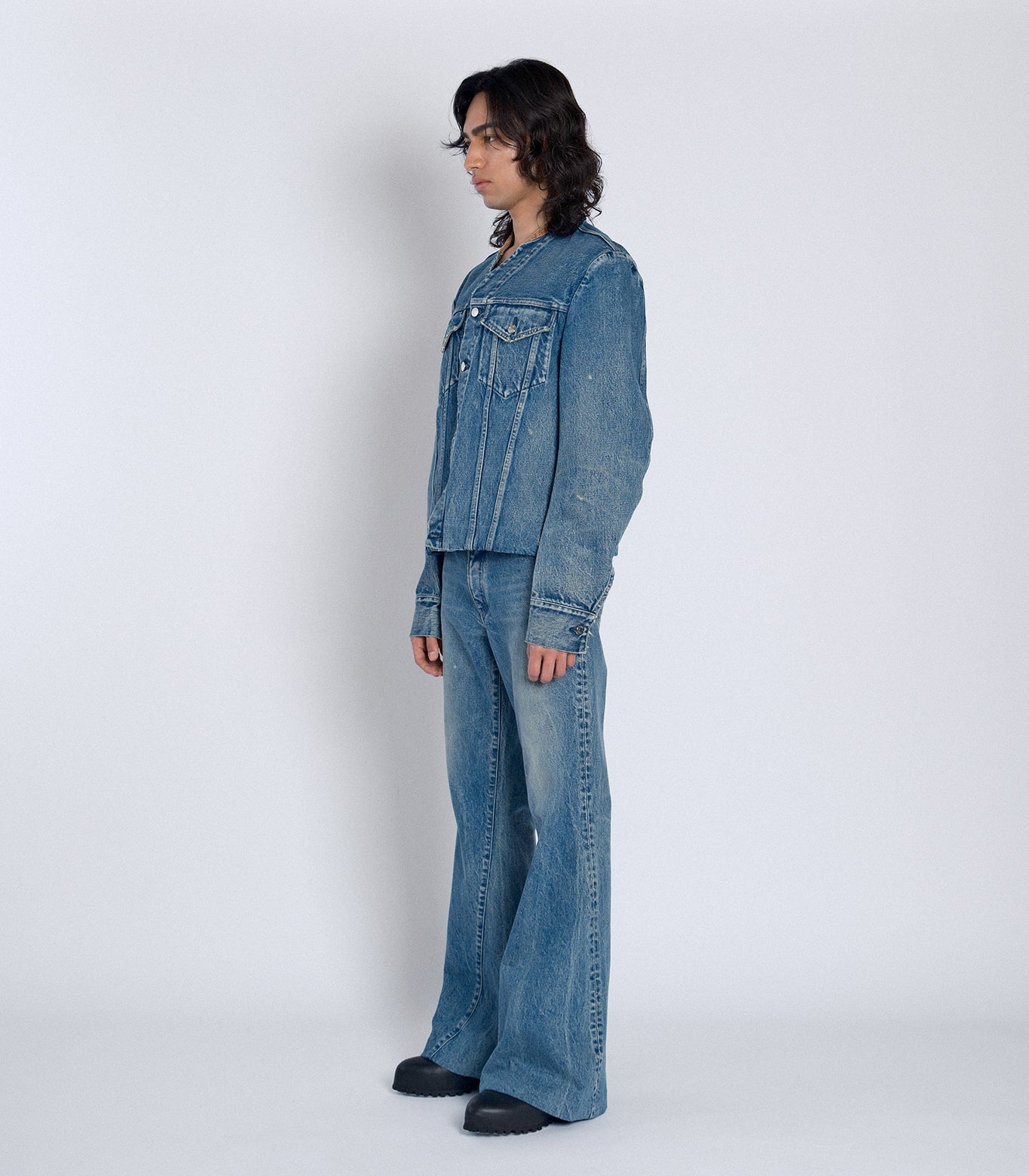 NO COLLAR TRUCKER JACKET - GREEN BLUE