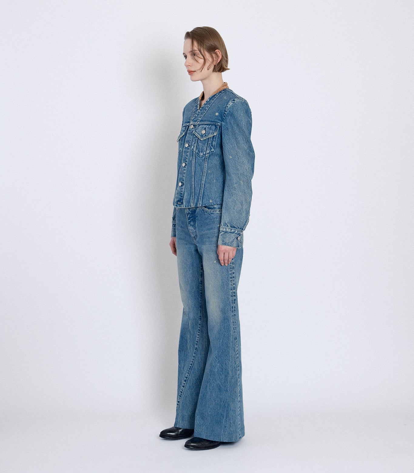 NO COLLAR TRUCKER JACKET - GREEN BLUE