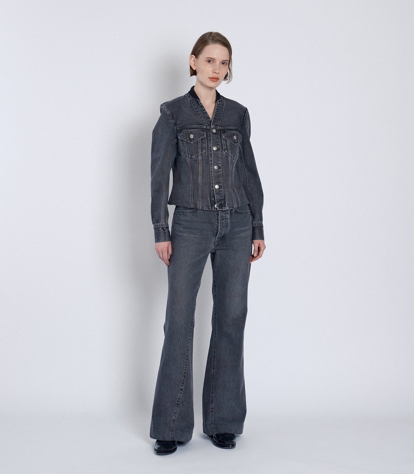NO COLLAR TRUCKER JACKET - GRAY