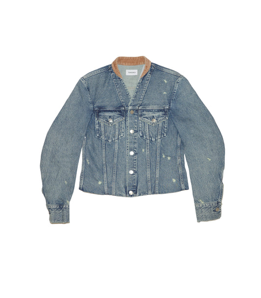 NO COLLAR TRUCKER JACKET - GREEN BLUE