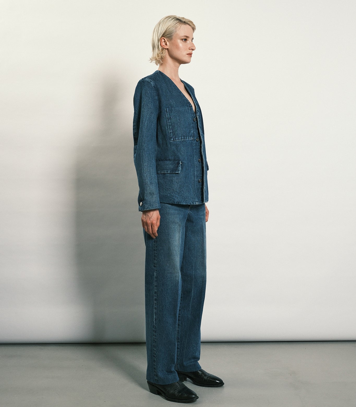 NO COLLAR JEAN JACKET - VINTAGE BLUE – TANAKA